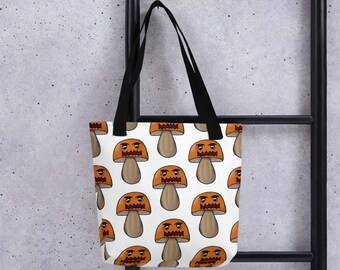 Mushroom Angry Pattern Groovy Funky Tote Bag Tan