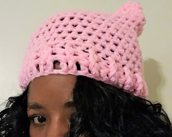 Crochet Pink Pussyhat Crochet Cat Hat, Crochet Kitty Cat Hat, Women's Rights Hat, Women's Winter Beanie, Crochet Cat Beanie