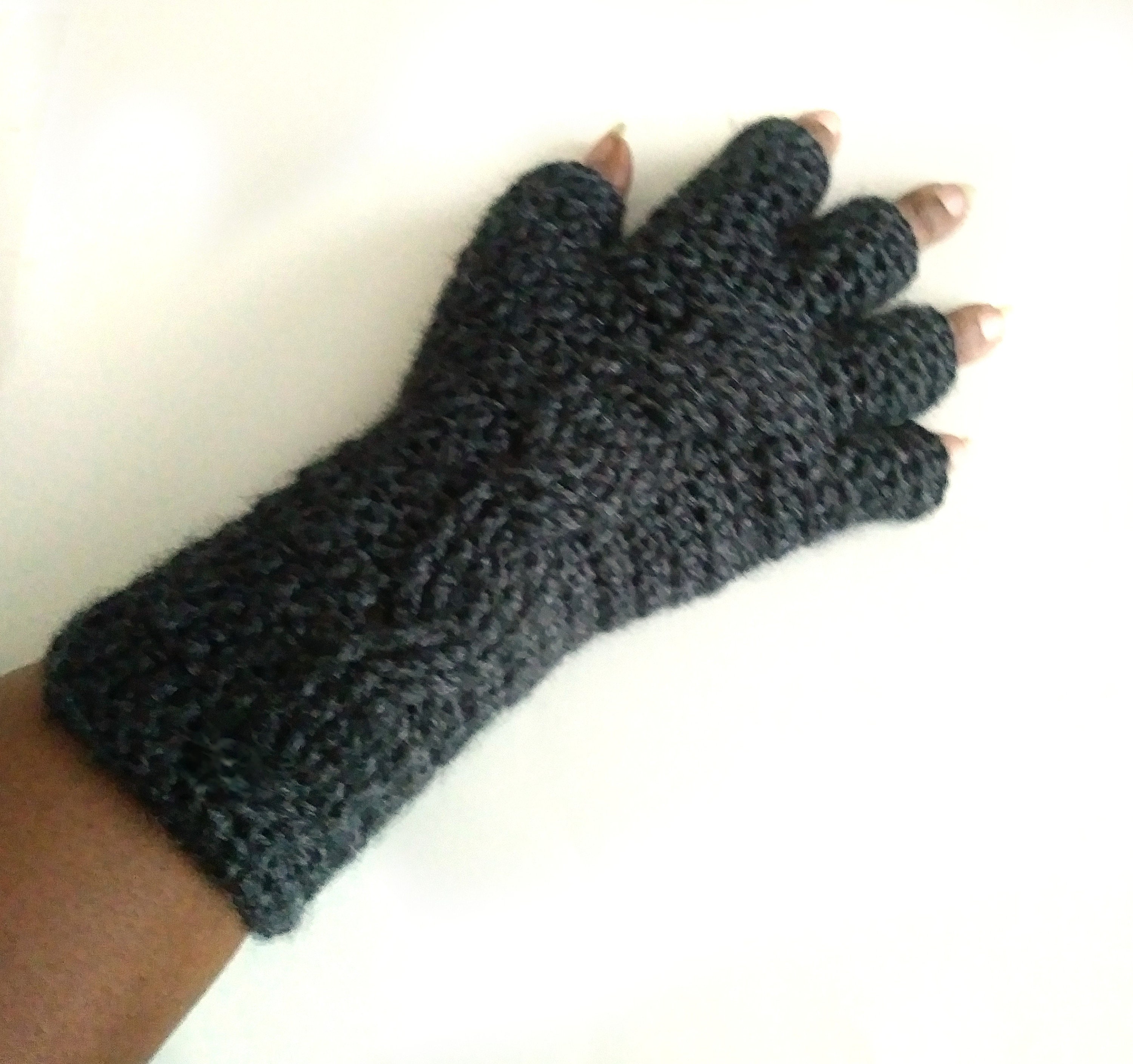 Navy Blue + Grey Satinior 2 Pair Unisex Half Finger Gloves Winter Stretchy Knit Fingerless Gloves in Common Size 
