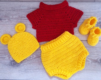 Crochet PATTERN Winnie Pooh Bear/ NAppy Cover, Hat and Top, Diaper Cover Photo prop pattern - Newborn baby set- 3-6 months baby shoes bonnet