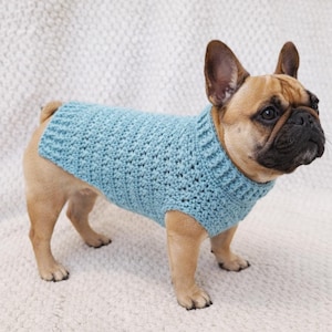 Könnte beinhalten: Hellblauer, handgehäkelter Hundepullover. Der Pullover hat einen gerippten Kragen und ein strukturiertes Stichmuster. Der Hund ist eine französische Bulldogge mit hellbraunem Fell und schwarzer Schnauze. Der Hund steht auf einer weißen, strukturierten Oberfläche.