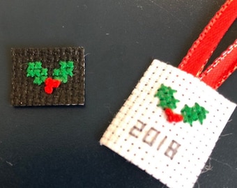 Miniature Christmas Holly cross stitch gift tag pdf pattern
