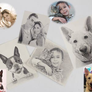 K&ouml;nnte beinhalten: Eine Sammlung von Bleistiftzeichnungen mit Portr&auml;ts von Menschen und Haustieren. Die Zeichnungen zeigen ein Paar, einen Jungen mit einer Katze, einen Boston Terrier und einen Sch&auml;ferhund.