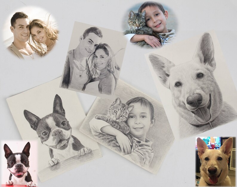 K&ouml;nnte beinhalten: Eine Sammlung von Bleistiftzeichnungen mit Portr&auml;ts von Menschen und Haustieren. Die Zeichnungen zeigen ein Paar, einen Jungen mit einer Katze, einen Boston Terrier und einen Sch&auml;ferhund.