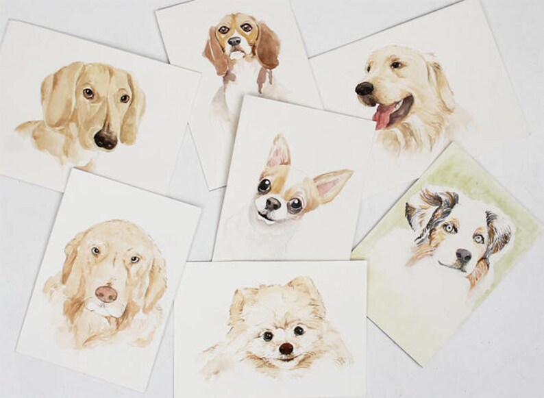 May include: A set of watercolor paintings of different dog breeds. The paintings are on white card stock and feature a variety of breeds, including a Beagle, a Golden Retriever, a Dachshund, a Chihuahua, a Pomeranian, and an Australian Shepherd.