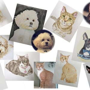May include: A collection of watercolor paintings of various dogs and cats. The paintings are all done in a realistic style and feature a variety of breeds. Some of the animals are wearing bow ties or collars. The paintings are all framed and ready to hang.