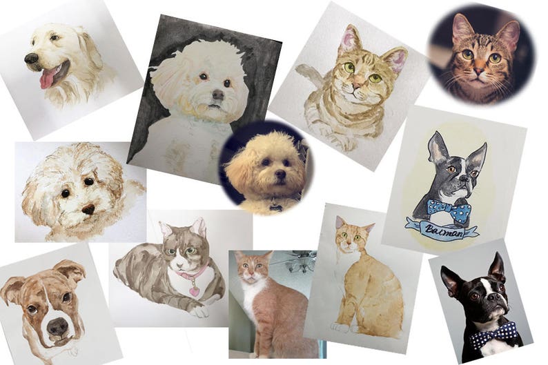 May include: A collection of watercolor paintings of various dogs and cats. The paintings are all done in a realistic style and feature a variety of breeds. Some of the animals are wearing bow ties or collars. The paintings are all framed and ready to hang.