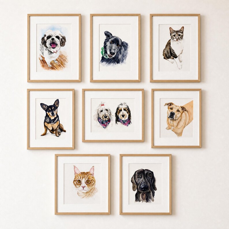 May include: A collection of eight framed watercolor portraits of various dogs and cats. The artwork features individual and paired pet illustrations in light wood frames, showcasing diverse breeds, colors, and expressions against white backgrounds.
