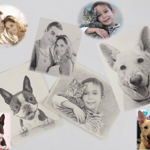 May include: A collection of pencil drawings featuring portraits of people and pets. The drawings include a couple, a boy with a cat, a Boston Terrier, and a German Shepherd.