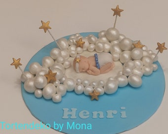 Tortendeko Baby  auf Wolken. Taufe Fondant Tortenfigur Fondantfiguren Fondant Figuren Caketopper