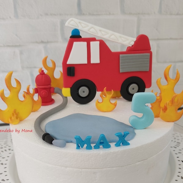 Tortendeko Tortentopper Tortenaufleger Fondant Zuckerfigur Feuerwehr Feuerwehrset Feuer FlammenFondant Tortendeko