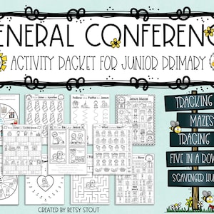 May include: Black and white printable activity pack for Junior Primary children. The pack includes activities such as mazes, tracking, five in a row, and a scavenger hunt. The pack is themed around General Conference.