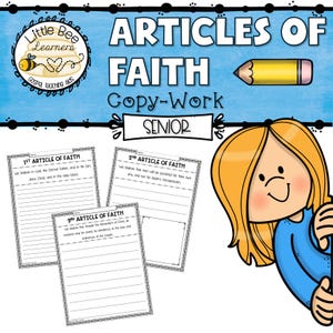 Puede incluir: Una hoja de trabajo imprimible para que los niños practiquen la escritura de los Artículos de Fe. La hoja de trabajo presenta a una niña de dibujos animados asomándose por la esquina y un lápiz. El texto en la hoja de trabajo dice "Artículos de Fe Trabajo de copia Senior".