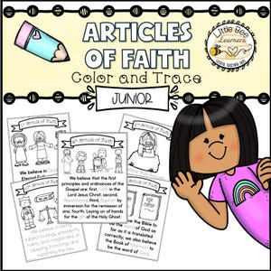 Puede incluir: Páginas para colorear en blanco y negro con ilustraciones de personas y texto relacionado con los Artículos de Fe. El título de las páginas para colorear es "Artículos de Fe" y "Colorear y Trazar Junior".