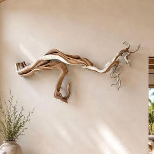 May include: A large, horizontal wall sculpture crafted from natural, weathered driftwood. The piece features organic, twisting branches with a smooth, light-to-medium brown wood grain texture, extending across the wall in a fluid, asymmetrical shape.