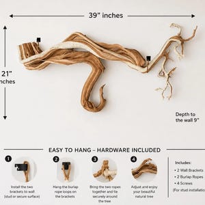 May include: A natural driftwood wall art piece measuring 39 inches wide by 21 inches high with a 9 inch depth. The set includes two black wall brackets, two burlap ropes, and four screws for installation, featuring instructions for easy wall mounting.