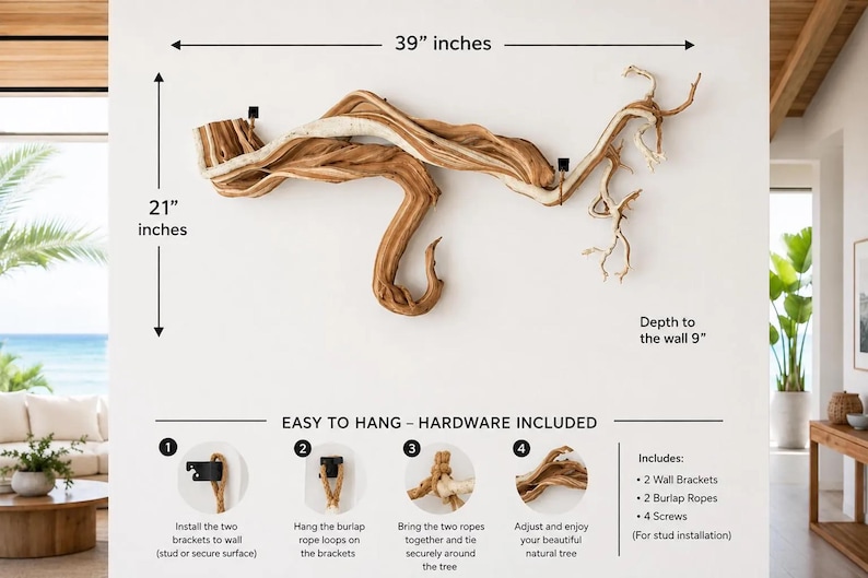 May include: A natural driftwood wall art piece measuring 39 inches wide by 21 inches high with a 9 inch depth. The set includes two black wall brackets, two burlap ropes, and four screws for installation, featuring instructions for easy wall mounting.