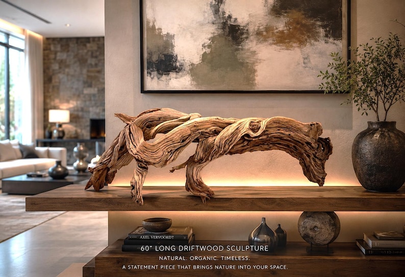 Op de afbeelding: Een 152 cm lange drijfhoutsculptuur, een natuurlijk en organisch statement piece. De sculptuur heeft een lichtbruine kleur en een unieke, gedraaide vorm. Het wordt tentoongesteld op een houten plank.