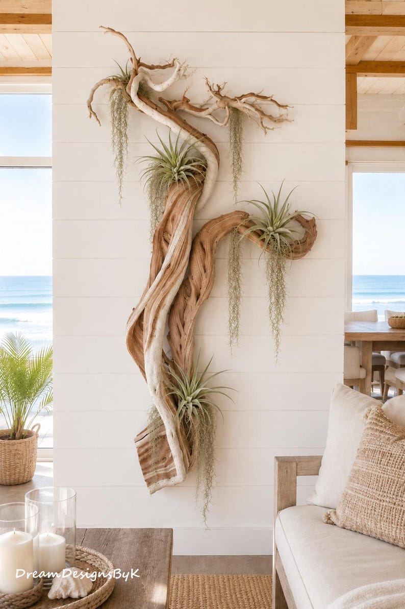 May include: A large, vertical wall-mounted sculpture crafted from weathered, light-brown driftwood. The piece features three green air plants nestled within its natural crevices, with long, trailing strands of Spanish moss hanging down.