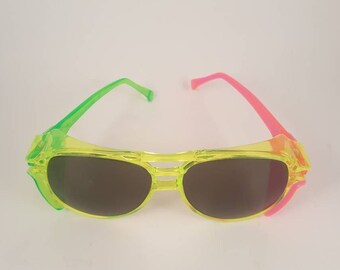 Vintage Safety Glasses...Sunglasses...Neon Colors...Yellow, Green & Pink with Dark tinted lenses...last pairs and almost impossible to find
