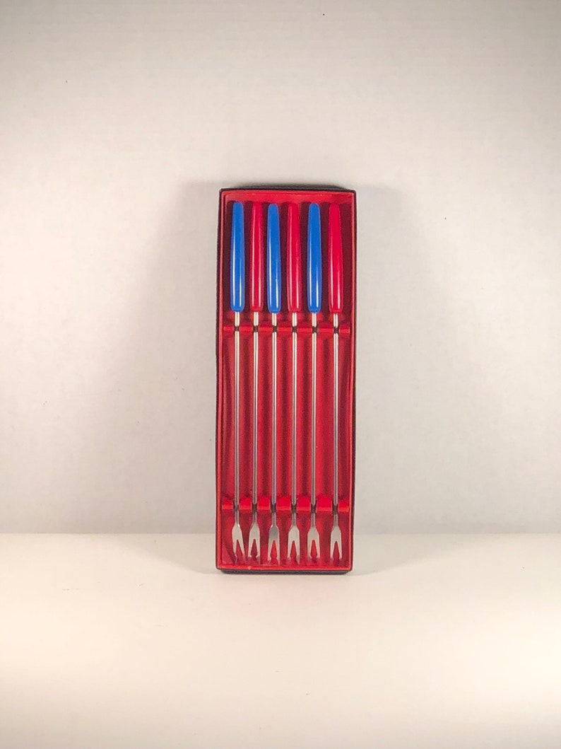 Vintage Fondue Forks made in Japan...Stainless Steel with plastic handles....set of 6