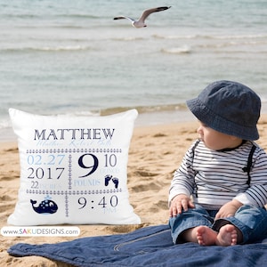 BLUE WHALE STATS coussin pour faire-part de naissance pour chambre d&#39;enfant, décoration nautique, souvenir, coussin personnalisé pour nouveau-né, coussin personnalisé pour nouveau-né