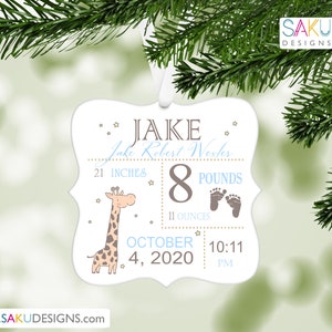 Giraffe Baby Stats Ornament-First Christmas Ornament-Birth Stats-Baby Boy Ornament-Baby Girl Ornament-New Mommy Gift-Baby Keepsake-New Daddy