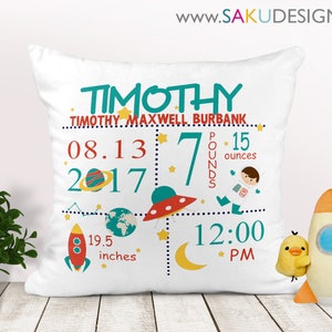 SPACE BABY PILLOW-Baby Pillow-Birth Announcement-Nursery Decor-Baby Pillow-Personalized Pillow-New Baby-Birth Stats-Rockets-Cartoon