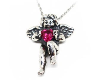 Engel mit Herz Stein Sterling Silber Halskette