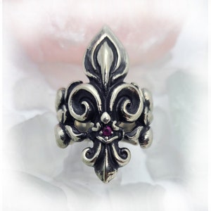 Unique Fleur De Lis Sterling Silver Ring with Ruby Stone