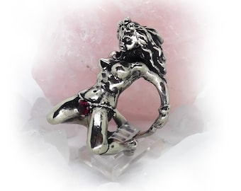 Horny Woman with Red CZ Heart shape Stone Panties Silver Ring