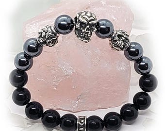 Silver Three Skulls with Hematite and Black Onyx Beads Bracelet
