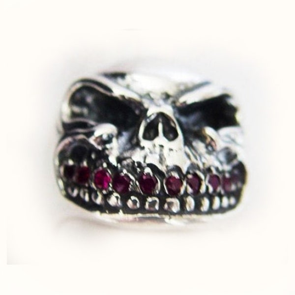 Ruby Teeth Skull Silver Ring