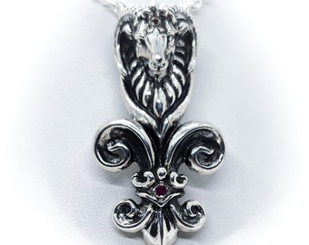 Ram's Head Aires Fleur-de-lis  with Crown and Rubies Sterling Silver Pendant
