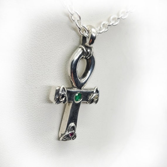 Ankh Egyptian Cross with Celtic Knot and Stones Silver Necklace