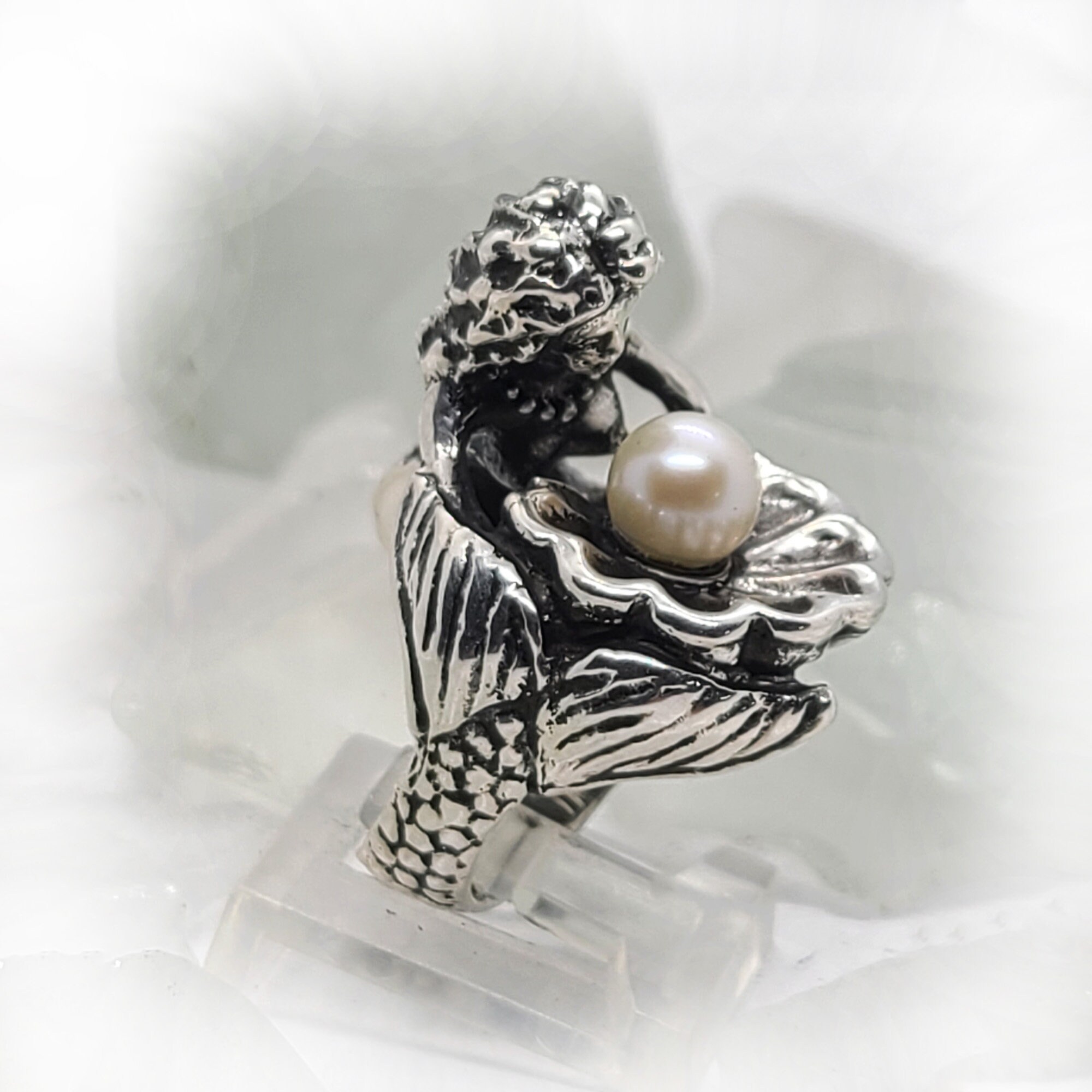 Mermaid With Pearl Silver Ring Etsy