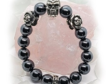 Skull with Roses Hematite Beads Bracelet