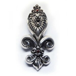 Lion Fleur De Lis Sterling Silver Pendant with Ruby Stones