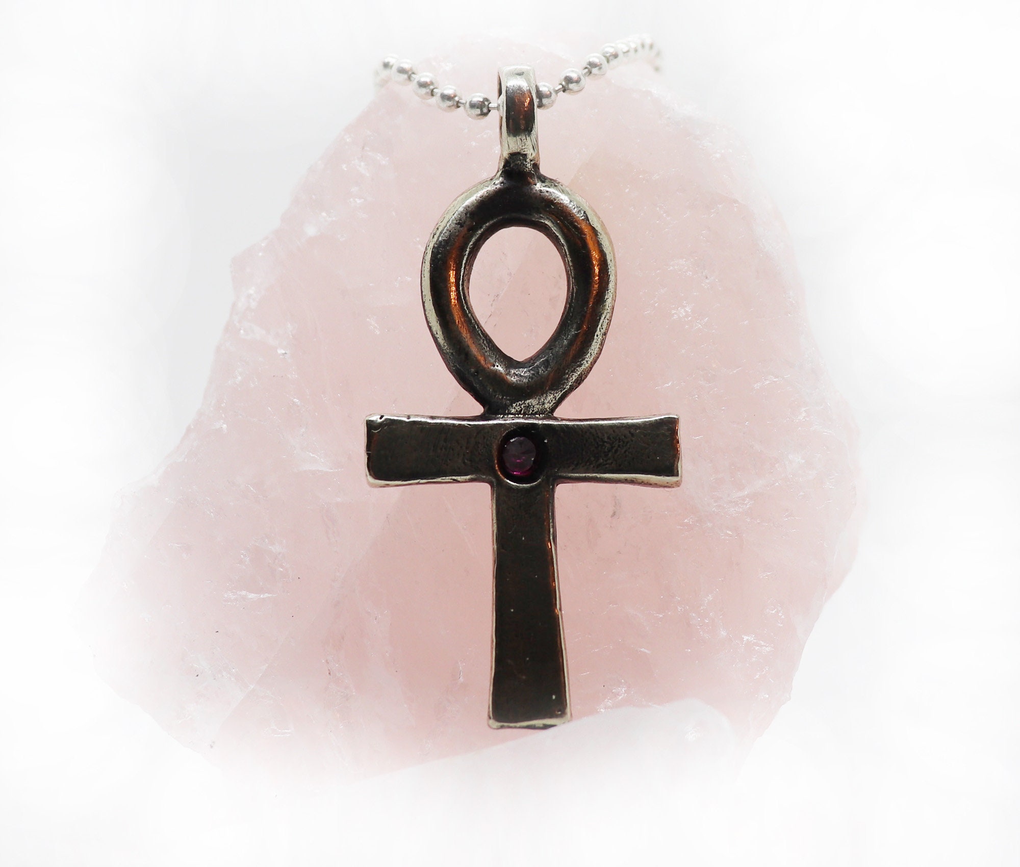 Ankh Egyptian Cross With Ruby Stone Silver Pendant -  UK