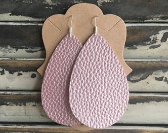 Textured Mauve Shimmer Leather Teardrop Earrings - Handmade Earrings - Leather Earrings - Lightweight Earrings