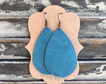 Teal Leather Teardrop Earrings - Handmade Earrings - Faux Leather Earrings - Lightweight Teal Earrings