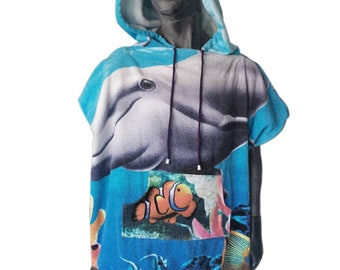 Surfponcho Dolphin - Upcycling retro towel's - Wetsuit Changing Robe-Hooded - Dolphin Towel Poncho - Surfcape- Ponchotowel Maat XL