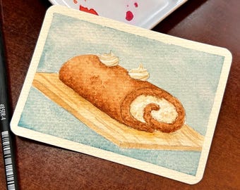 Pumpkin Cake Roll Painting ACEO 2.5x3.5 Original Watercolor Food Illustration Collectible