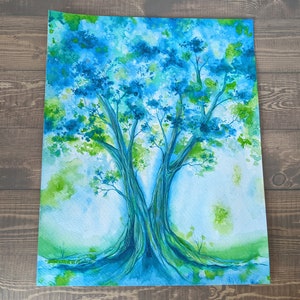 Aqua en groene boom - 11x14 &quot;originele aquarel Gouache schilderij - landschap schilderij