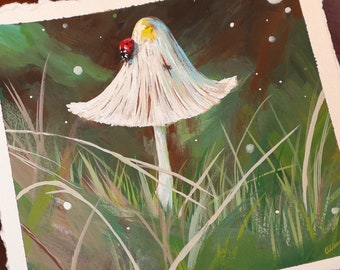 6x6" Original Gouache Mushroom Painting - Nature Illustration Cottagecore