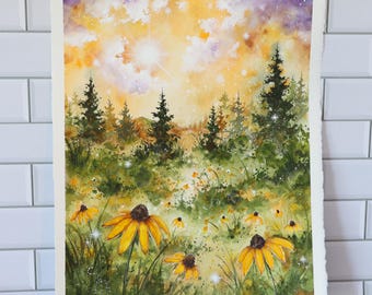 Original Watercolor Painting, 11x14" •  "Golden Hour" • Floral Forest Painting
