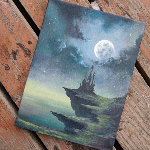 Reverie - Original 9x12" Acrylic on Canvas Painting Castle Moon Fantasy Landscape