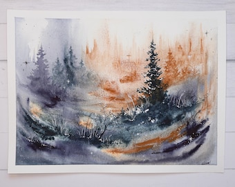 9x12&quot; | &quot;Mystical Landscape No.3&quot; Original Watercolor painting, nature home decor
