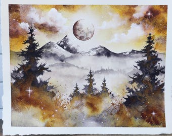 Original Watercolor Painting, 8x10" •  "Rust" • Misty Forest Painting