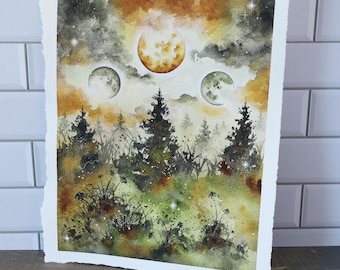 Original Watercolor Painting, 8x10" •  "Moon Trio No.2" • Misty Forest Painting